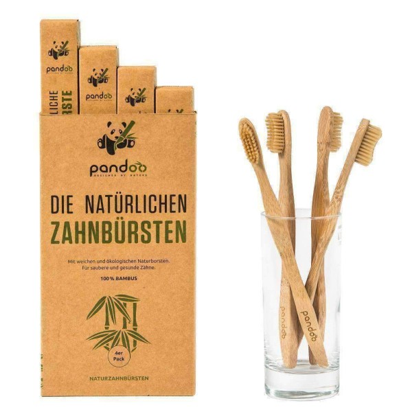 Pandoo Natürliche Zahnbürsten aus Bambus 4er Pack für Erwachsene & Kinder