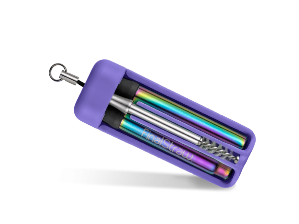 FinalStraw wiederverwendbarer, faltbarer Trinkhalm regenbogen in violetter Transportbox