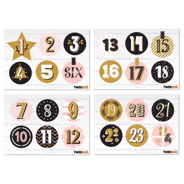 Tweebug Advent Sticker Set Zahlen 1-24 gold/schwarz