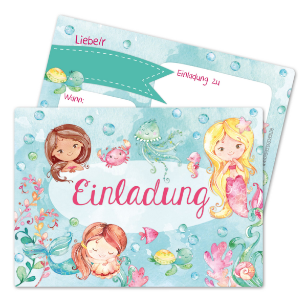 Papierdrachen 12 Einladungskarten zum Kindergeburtstag - Meerjungfrau
