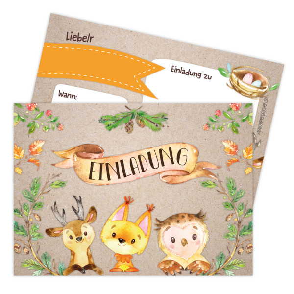 Papierdrachen 12 Einladungskarten zum Kindergeburtstag - Waldtiere