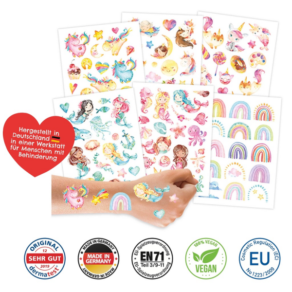 Papierdrachen 100 Kindertattoos zum Aufkleben - gemischt Meerjungfrau, Einhorn, Regenbogen
