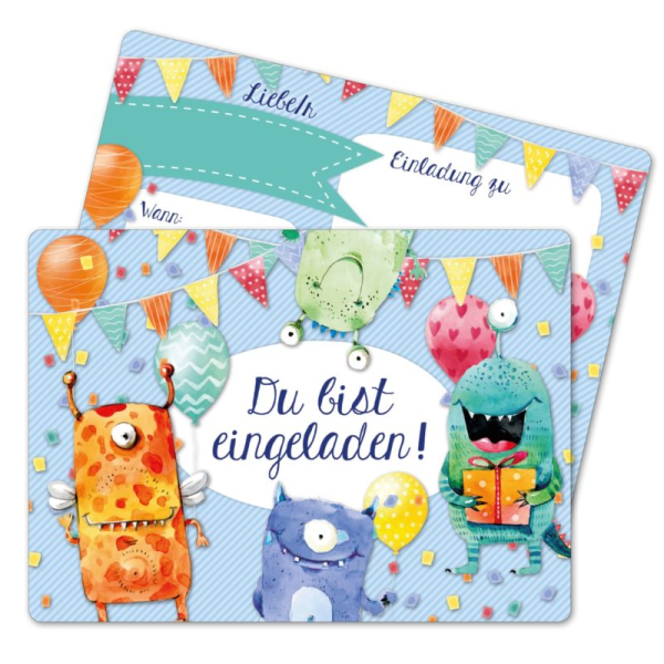 Papierdrachen 12 Einladungskarten zum Kindergeburtstag - Monster