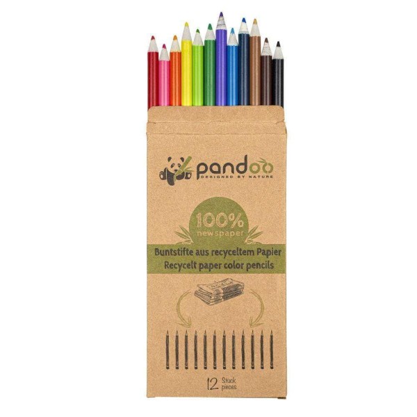 Pandoo 12er Pack Buntstifte / Farbstifte aus recyceltem Zeitungspapier