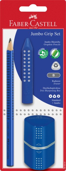 FABER-CASTELL Bleistift B/Radierer/Spitzer 580051 Jumbo Grip Set blau