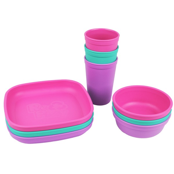 Re-Play 3er Flat Kinder-Geschirr Set Bright Pink, Aqua & Purple