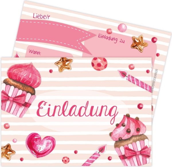 Papierdrachen 12 Einladungskarten zum Kindergeburtstag - Törtchen rosa