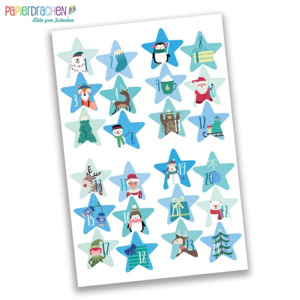 Papierdrachen 24 Adventskalender Zahlenaufkleber, Stern blau