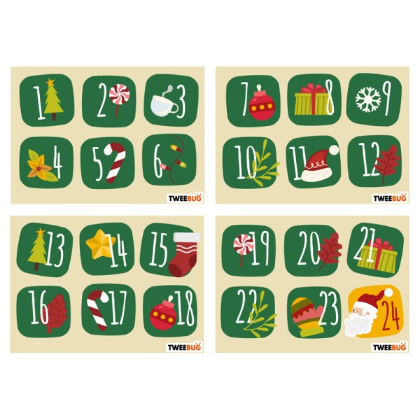 Tweebug Advent Sticker Set Zahlen 1-24 grün