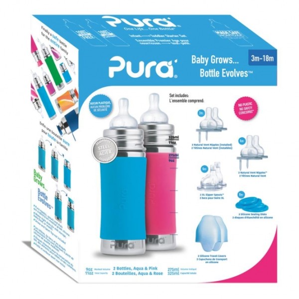 Pura Babyflaschen 325 ml Geschenkset, Aqua & Pink